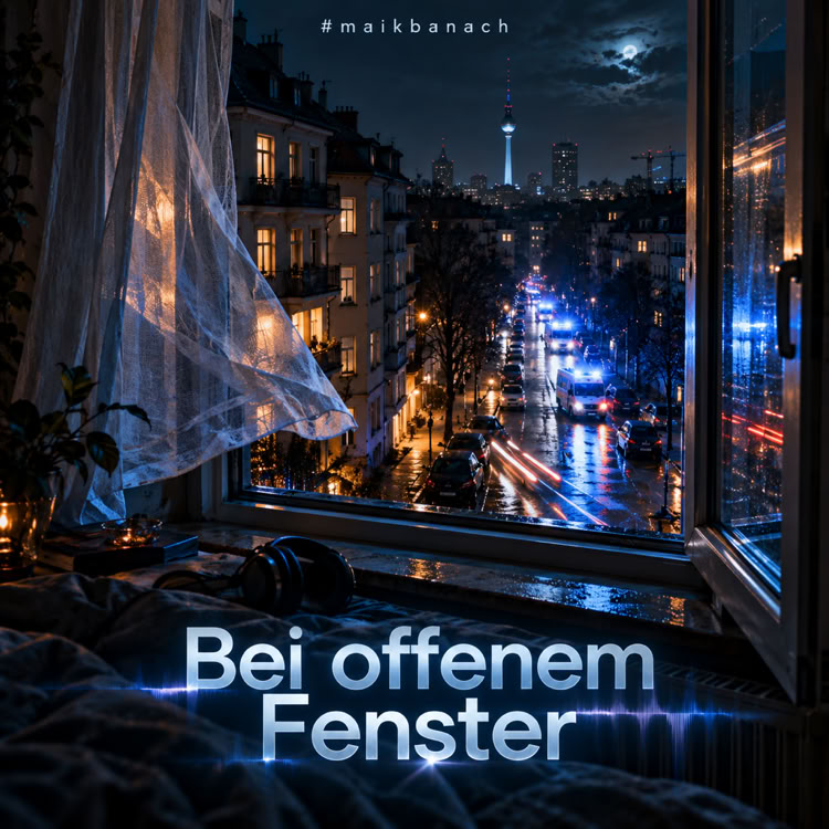 Blick aus einem offenen Fenster auf eine n&auml;chtliche Stadt mit beleuchteten Stra&szlig;en und einem beleuchteten Turm im Hintergrund, Vorh&auml;nge wehen im Wind, Text "Bei offenem Fenster" im Vordergrund.